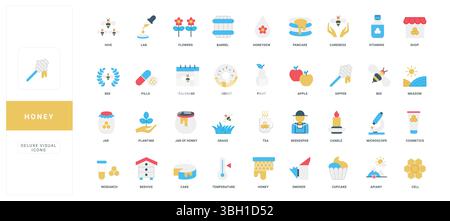 Honigprodukte, Imker-Werkzeuge und Bienenfarm, Bienenstock und Biene, Bienenwachs-Farbsymbole. Glas mit flüssigem Honig für Pfannkuchen, Wachs und Kerze, Raucher und Faß, sechseckige Zellen flache Vektorillustration Stock Vektor