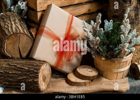 Ein wunderschön gewickeltes Geschenk mit rotem Band befindet sich zwischen Baumstämmen, Tannenzweigen und einem Holzeimer und sorgt für eine warme Winterferienatmosphäre Stockfoto