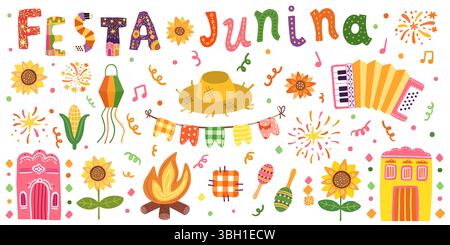 Festa Junina Vektor-Set mit Text und festlichen Grafiken - Sonnenblume, Strohhut, Bunting, Akkordeon, Mais, Illustrationen Zum Brasilianischen Festival Stock Vektor