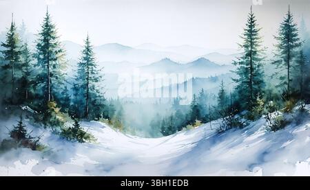 Traumhafte Aquarelllandschaft mit Kiefernbergen, von oben gesehen, mit weichem Nebel und mehrschichtigen Bergrücken, die eine ruhige, ruhige Stimmung schaffen. Stockfoto