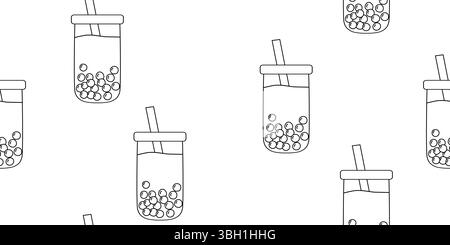 Das nahtlose Muster von Bubble Tea oder boba Drink zeigt den taiwanesischen Tee mit Tapioka-Bällen in einem einfachen Line Art Stil Stock Vektor