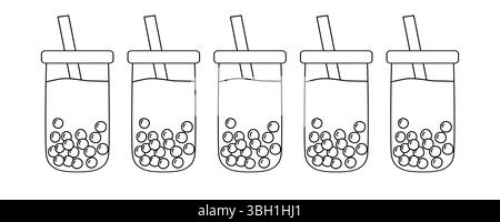 Fünf Tassen erfrischenden Bubble-Tee mit Tapioka-Perlen und Strohhalmen in Tassen zum Mitnehmen, Vektorumriss für Malbuch Stock Vektor