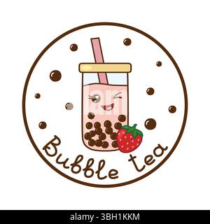 Kawaii-Bubble-Tee mit Erdbeerzwinkern im Kreisrahmen mit Schriftzug, Vektorillustration Stock Vektor