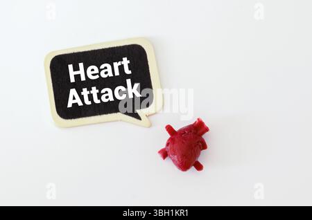 Worte HERZINFARKT mit Holzblöcken, umgeben von detaillierten Miniaturreplikaten menschlicher Organe auf leuchtend blauem Hintergrund. Herzgesundheit Stockfoto