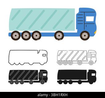 Cartoon-Set mit Symbol für Lkw oder LKW. Handgezeichnetes Lkw-Auto in verschiedenen Stilen farbige Silhouette, Umriss stilisierte Kollektion. Einfache große Auto Transport moderne Icon Vektor Illustration Stock Vektor