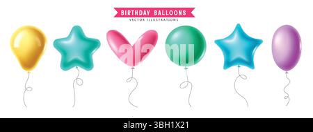 Bunte Ballons Clipart Set mit einzigartiger Form wie Sterne, Herz und runde Formen isoliert in weißem Hintergrund. Stock Vektor