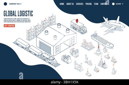 Global Logistics Landing Page mit autonomer Robotertechnologie und künstlicher Intelligenz. Vektorabbildung eps10 Stock Vektor