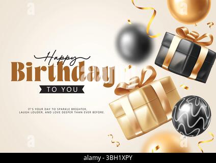 Schwimmende Ballons und Geschenkboxen für eine goldene Geburtstagsszene. Stock Vektor