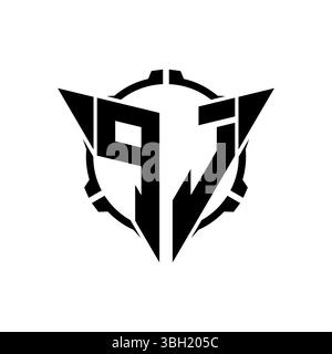 PJ Gaming Logo Initial mit geometrischem, modernem Dreieck abgerundetem Oszilloskop Sniper Tactical Design in isoliertem Hintergrund, minimalistisches Gaming-Monogramm lo Stock Vektor