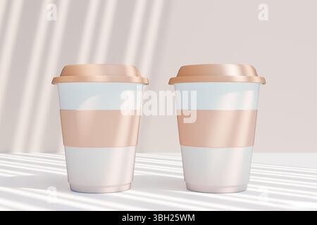Zwei trendige Kaffeetassen sitzen auf einem Tisch, ideal für warme Getränke. 3D-Rendering Stockfoto