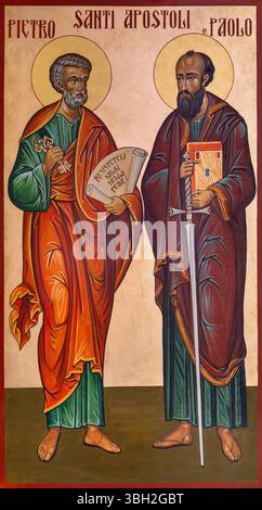 PIACENZA, ITALIEN - 21. MAI 2025: Die Ikone des heiligen Peter und Paul, die Aposkeln in der Kirche Chiesa di San Sepolcro (rumänische Orthodoxe) von unbekanntem Künstler Stockfoto