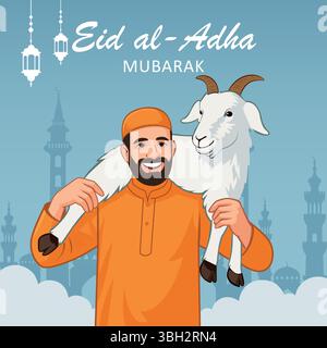 Happy eid al adha mubarak, Ein Mann, der eine Ziege auf seinen Schultern trägt. Abstraktes Vektordesign Stock Vektor