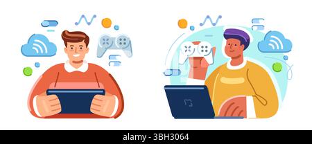 Professioneller Streamer junger Mann mit Laptop. Video-Cyber-Gamer mit Gamepad Stock Vektor