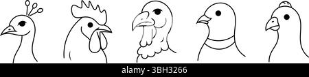 Bird Species Face Outline Collection – Pfauen, Hähne, Truthühner, Tauben und Papageien in minimalistischer Linienkunst. Stock Vektor