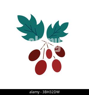 Minimalistische Vektor-Illustration des Hagebuttenzweigs mit dunkelroten ovalen Beeren und zwei stilisierten grünen Blättern. Flache stilisierte Vektorillustration für Herbst Stock Vektor
