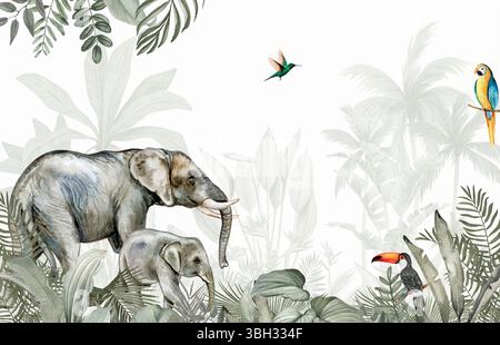 Aged Wildlife Fototapete: Elefant, Vögel im Retro Brown Tropical Forest Stockfoto