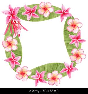 Tropischer quadratischer Rahmen mit rosafarbenen Frangipani-Blüten und grünen Blättern, handgemalt in Aquarell. Perfekt für kambodschanischen Tourismus, Spa Branding, Hochzeit Stockfoto