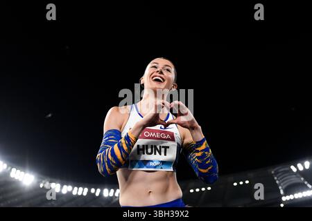 Amy Hunt of Great Britain feiert, nachdem sie am 6. Juni 2025 im Stadio Olimpico in Rom (Italien) an den 200 m langen Frauen teilgenommen hat. Amy Hunt wurde Zweiter. Stockfoto