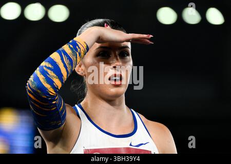 Amy Hunt aus Großbritannien reagiert, nachdem sie am 6. Juni 2025 in den 200 m langen Frauen beim Diamond League Golden Gala Athletics Meeting im Stadio Olimpico in Rom (Italien) teilgenommen hatte. Amy Hunt wurde Zweiter. Stockfoto