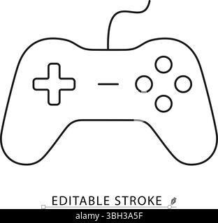 Gamepad-Symbol im Linienstil mit Kabel und bearbeitbarem Hub. Klassische Joystick-Kontur, flacher Vektor-Controller für PC- oder Konsolenspiele, minimales Design für Stock Vektor