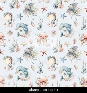 Niedliche Meerestiere und Pflanzen. Delfin Seepferdchen Quallen Stachelrochen Algenschale und Seesterne. Nahtloses Aquarellmuster für Sommer auf blauem Hintergrund Stockfoto