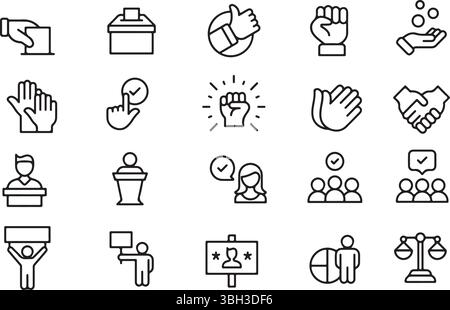 Dünne Symbolreihe der Wahl Wahlpolitik Demokratie Kampagne Solidarität. Symbolsammlung. Pixel-perfekte Symbole, bearbeitbare Kontur. Stock Vektor