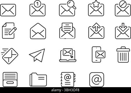 Dünne Linie Symbolgruppe für E-Mail E-Mail-Kommunikation Senden der Empfangsnachricht. Symbolsammlung. Pixel-perfekte Symbole, bearbeitbare Kontur. Stock Vektor