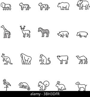 Symbolset Wildfile-Tiere des Safari-Zoos in Afrika. Bearbeitbare Kontur. Sammlung dünner Linien mit Symbolen, flache Illustrationen. Stock Vektor