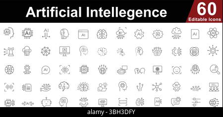 Zeilensymbole Für Künstliche Intelligenz Festgelegt. KI, maschinelles Lernen, Gehirn und Technologiesymbole. Bearbeitbare Symbole für Vektorlinien Stock Vektor