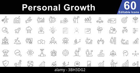 Symbolsatz für persönliche Wachstumslinien – Symbole für Selbstverbesserung, Entwicklung, Erfolg und Leistung. Bearbeitbare Symbole für Vektorlinien Stock Vektor