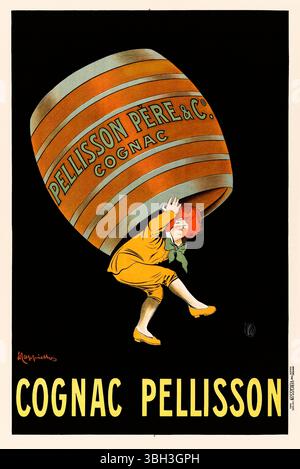 Werbeplakat „Cognac Pellisson“ 1907 des französischen Künstlers Leonetto Cappiello (1875-1942), das ein rothaariges Kind in gelbem Outfit zeigt, das um einen riesigen gestreiften Cognac-Fass mit der Aufschrift „Pellisson Père & Cie Cognac“ kämpfen muss. Foto eines Original-Posters aus dem Jahr 1907, veröffentlicht von Imp. P. Vercasson, Paris. Kredit: Privatsammlung / AF Fotografie Stockfoto