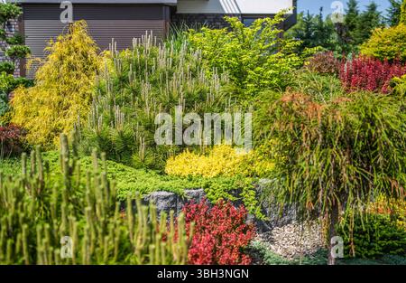 Ein wunderschön gestalteter Garten zeigt eine Vielzahl von bunten Pflanzen und Laub in voller Blüte an einem sonnigen Tag, was eine lebhafte Atmosphäre schafft. Stockfoto