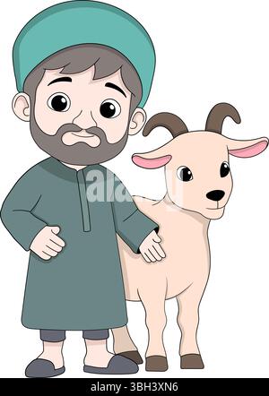 Karikaturillustration eines muslimischen Mannes mit einer Ziege, symbolisiert die islamische Feier von Eid al Adha oder das Opferfest Stock Vektor