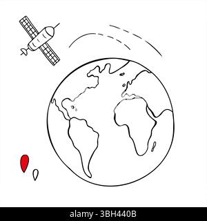 Erdkugel, Weltraumsatelliten und Ortungssymbole Vektor Set Line Art schwarze Tinte Skizze. Navigationssystem für Kommunikation monochrom flach Stock Vektor
