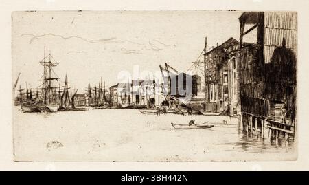 Free Trade Wharf. James Abbott McNeill Whistler. 1877. Ätzung und Trockenzapfen in schwarzer Tinte auf japanpapier gedruckt. Stockfoto