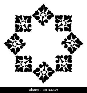 Mandalahmen der Anlagengeometrie. Vektorschablonen mit abstraktem Blumenmuster. Schwarze quadratische Blumenmotive auf weißem Hintergrund. Dekoratives Blumendesign Stock Vektor