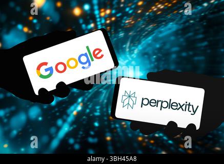 Google und Verwirrung. KI-Suchkonkurrenten gestalten die Zukunft der Informationen neu Stockfoto