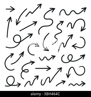 Satz von handgezeichneten Vektorpfeilsymbolen. Satz schwarzer Pfeilsymbole. Kreispfeile, Pfeildrehung, Symbol für Prozesswiederholung Stock Vektor