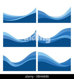 Set aus minimalistischen Bannerhintergründen mit abstrakten meerblauen Wellen, Vektorstil Stock Vektor