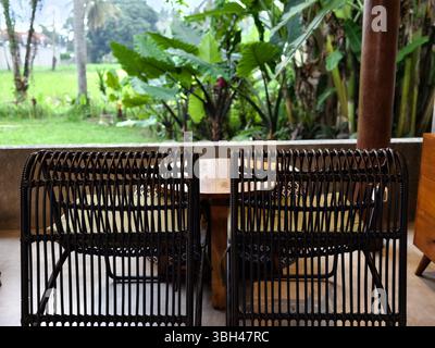 Zwei einzigartige Rattanstühle mit Blick auf einen Holztisch auf einer Terrasse und Blick auf einen üppig grünen Garten Stockfoto