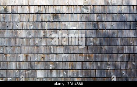 Weite Sicht auf mehrere Reihen verwitterter und grauer Zedernschindeln im Morgenlicht. Stockfoto