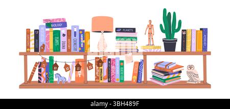 Stapel Bücher im Bücherregal. Bibliothek zu Hause. Stock Vektor