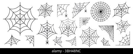Cobweb, Web, Symbolsatz. Spinnennetz, Insektenfalle, Umrisssymbole, Pack Halloween isolierte Umrissvektor-Illustrationen Stock Vektor