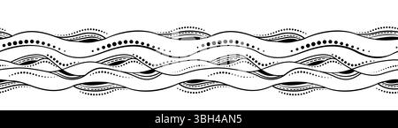 Einfarbiger abstrakter nahtloser Rand. Schwarzweiße Vektorgrafik. Design im Zentangle-Stil. Zufällig schwarze gekrümmte Linien und Kreise auf weißem Hintergrund Stock Vektor