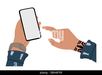 Hände halten und auf einen leeren Telefonbildschirm zeigen Stock Vektor