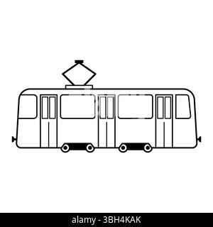 Straßenbahnkontur Vektor-Illustration. Das Fahrzeug ist mit einer stromlinienförmigen Karosserie, sichtbaren Fenstern und Türen dargestellt und sitzt auf kleinen Rädern. Stock Vektor