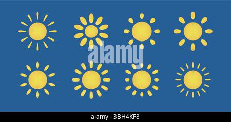 Helle gelbe Sonnensymbole auf blauem Hintergrund in flachem minimalem Stil. Ideal für Wetter-Apps, Inhalte für Kinder, sonniges Branding und fröhliche Designs. Vektor Stock Vektor