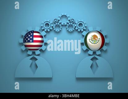 Bild relativ zu politischen und wirtschaftlichen Beziehungen zwischen den USA und Mexiko. Nationale Flaggen in den Gängen Leiter der Geschäftsmann. Teamwork Konzept. 3D-rend Stockfoto