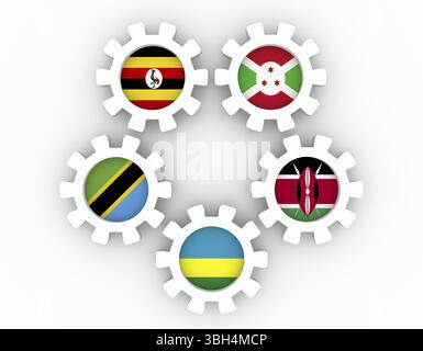 Ostafrikanische Gemeinschaft, EAC-Vereinigung von fünf nationalen Wirtschaftsbeteiligten Flaggen auf Fanggeräten. Globale Teamarbeit. Weißer Hintergrund. 3D-Rendering Stockfoto