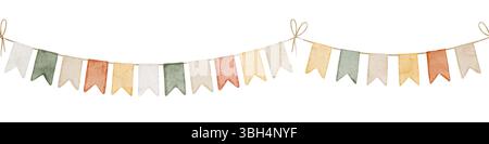 Nahtloser Rand in Aquarellfarben mit pastellfarbenen Girlanden auf Garn. Illustration eines Musters mit Wimpeln für festliche Babydesigns, Geburtstagseinladungen oder Grußkarten für die Babyparty. Rahmen für Neugeborene-Party. Stockfoto